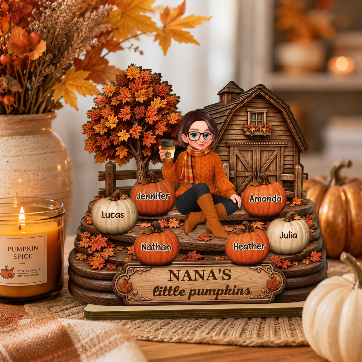 Fall Season Cozy Warm Farmhouse Style Grandma's Little Pumpkins - Personalized 2-Layered Wooden Plaque - Fall Decor For Grandma