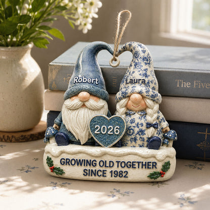 Vintage Floral Toile De Jouy Pattern Gnome Couple - Real 3D Raised Ornament