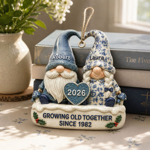 Vintage Floral Toile De Jouy Pattern Gnome Couple - Real 3D Raised Ornament