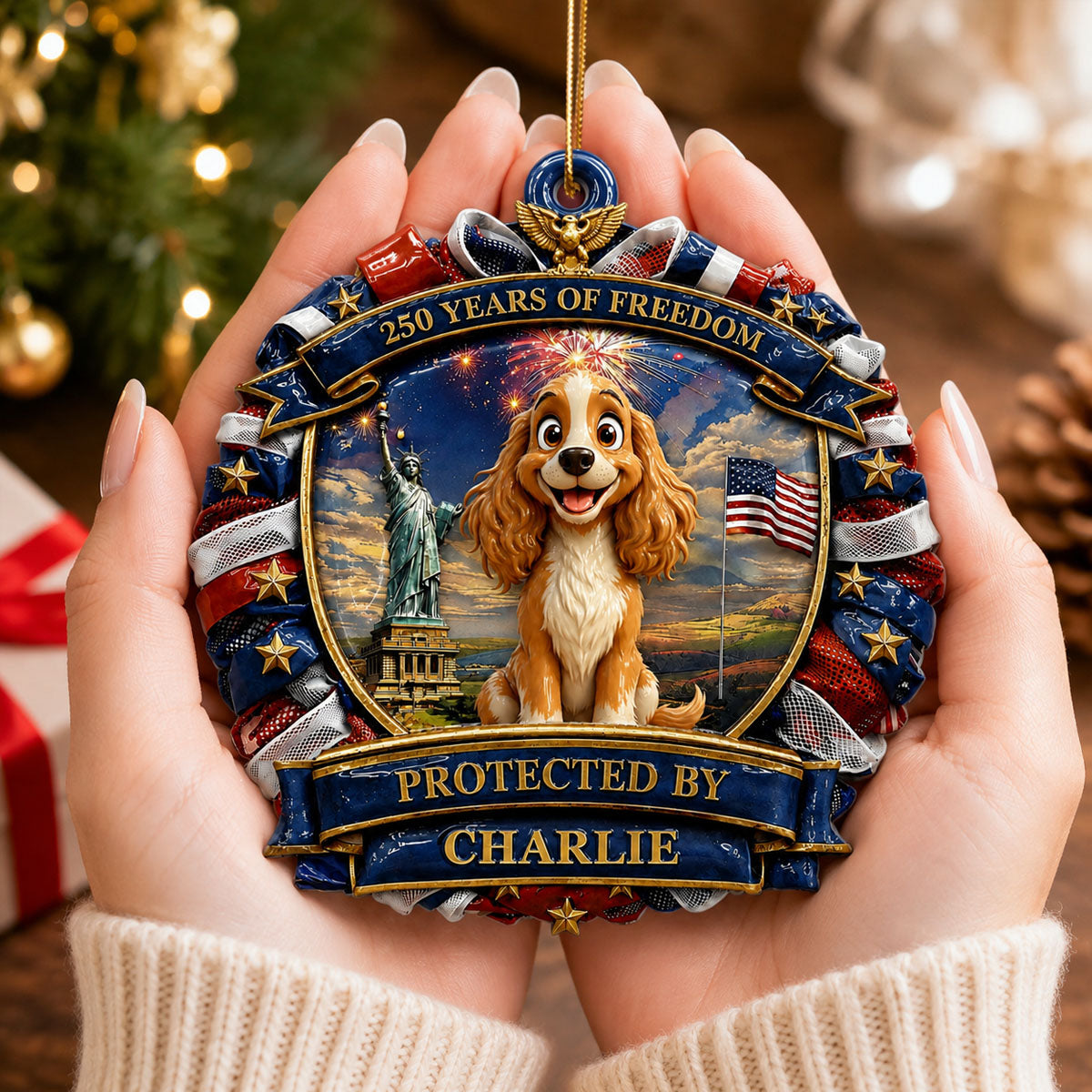America Dog Lovers 250 Ornament - Patriotic Family Ornament - Real 3D Raised Ornament