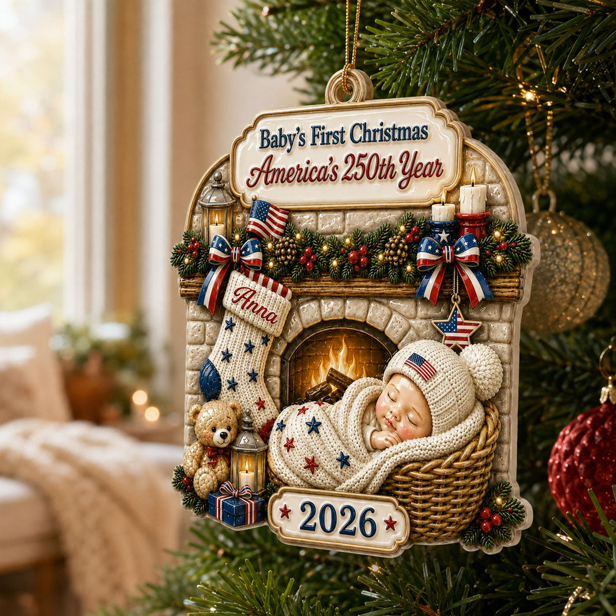 Tiny Star Personalized America 250th Anniversary New Born Ornament - Real 3D Raised Ornament