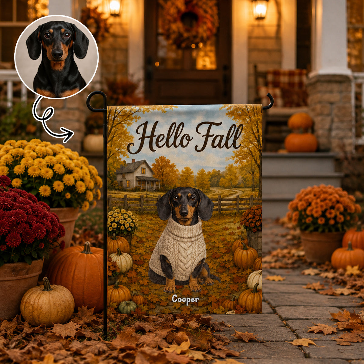 Vintage Dog Cat Hello Fall Photo Upload - Personalized Garden Flag - Fall Season Gift For Dog Mom, Cat Mom
