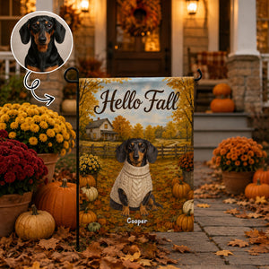 Vintage Dog Cat Hello Fall Photo Upload - Personalized Garden Flag - Fall Season Gift For Dog Mom, Cat Mom