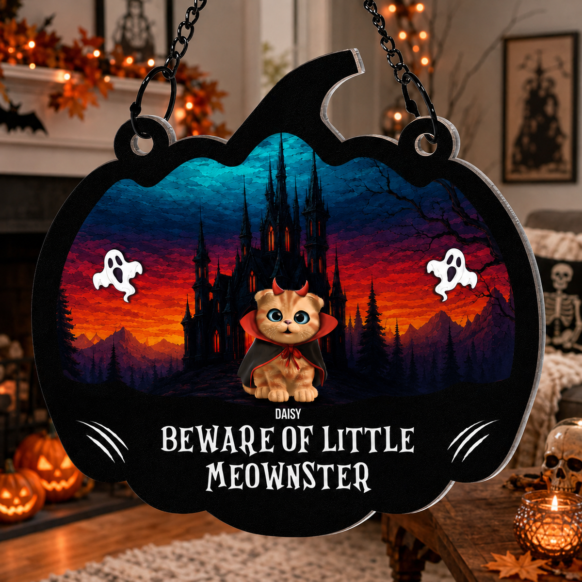 Beware Of Little Meownsters - Personalized Window Hanging Suncatcher Ornament - Halloween Gift For Family, Gift For Cat Lovers