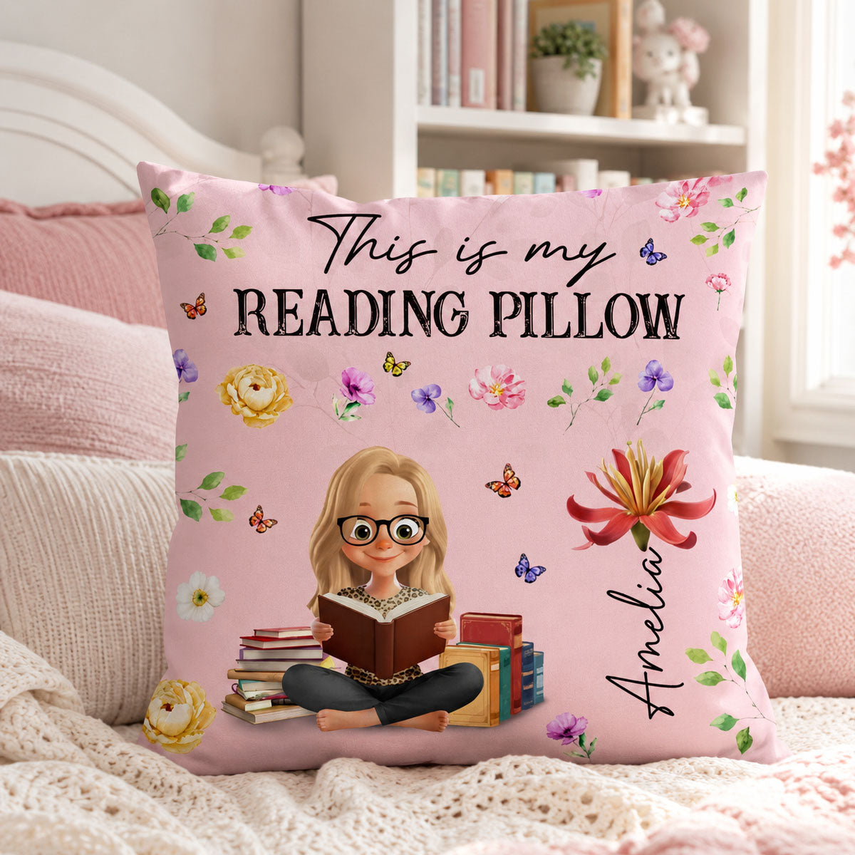 Custom Flower Pillow - Personalized Bookish Gifts For Book Lovers, Bookworms, Readers - Reading Is My Therapy