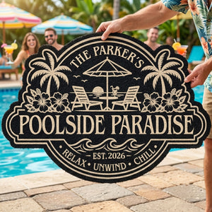 Welcome To Our Happy Place - Custom Poolside Shaped Doormat - Personalized Summer Vacation And Travel Gifts