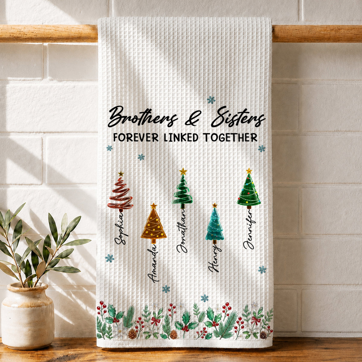 Season Love Siblings - Personalized Name Waffle Weave Kitchen Towel, Housewarming Gift