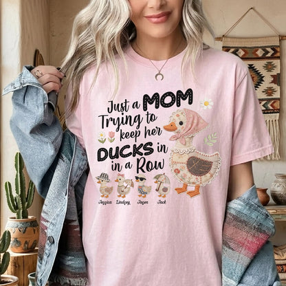 Funny Duck Mom Shirt, Just A Mom Trying To Keep Her Ducks In In A Row Shirt, Cute Mama Tee, Gift For Mom, Womens Casual Shirt