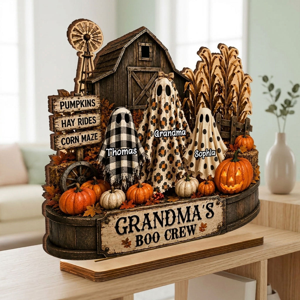 Grandma's Boo Crew Pumpkin Patch - Personalized 2-Layered Wooden Plaque - Halloween Fall Decor for Grandma