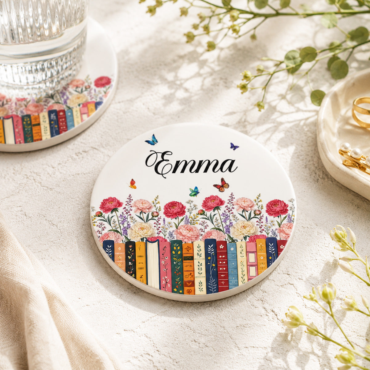 Custom Name & Birthflower For Book Lovers - Personalized Coaster