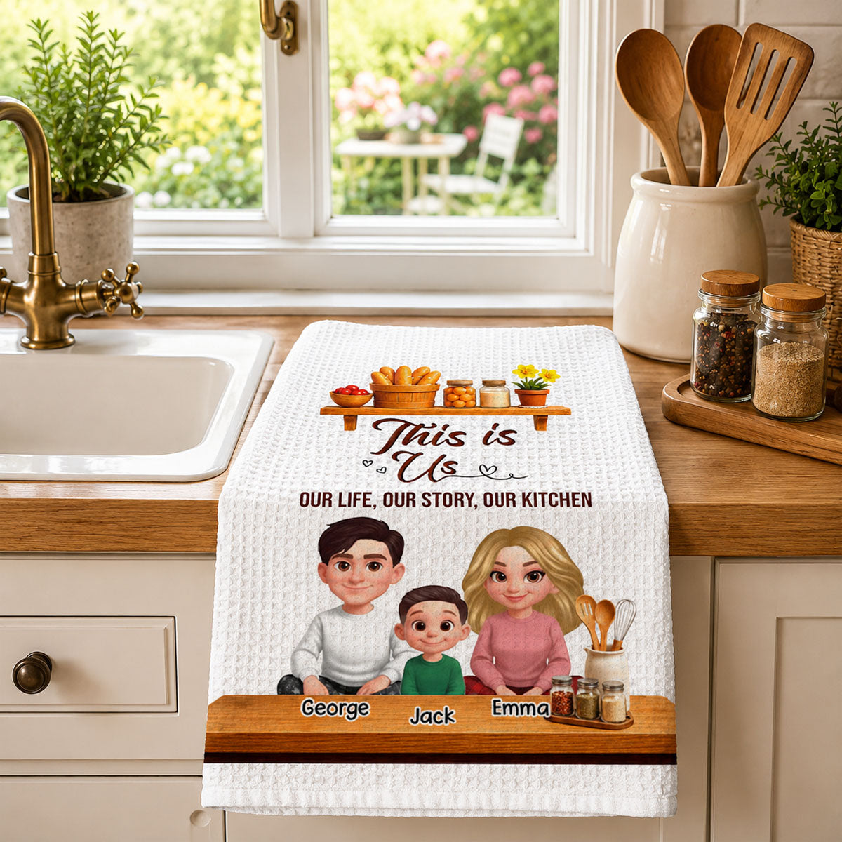 Our Life Our Story Our Kitchen - Personalized Name Waffle Weave Kitchen Towel, Housewarming Gift