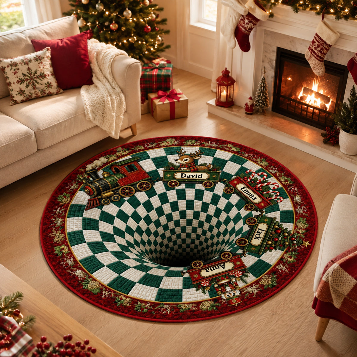 Christmas Train Family - 3D Round Rug, Floor Mat, Xmas Home Decor, Christmas Gift