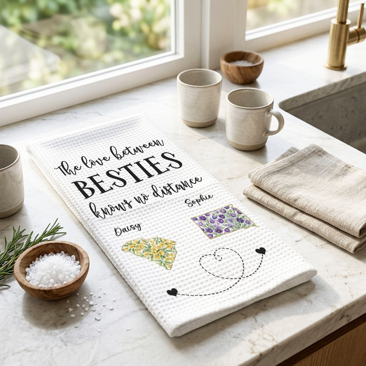 The Love Between Us - Personalized Name Waffle Weave Kitchen Towel, Housewarming Gift