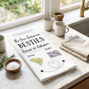 The Love Between Us - Personalized Name Waffle Weave Kitchen Towel, Housewarming Gift