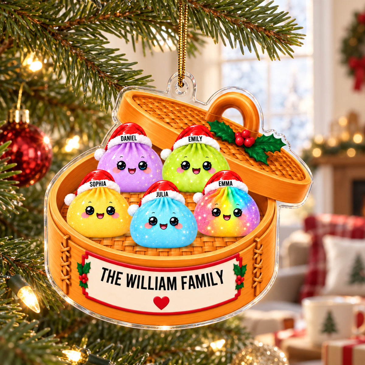 Personalized Glitter Dumpling Ornament, Dim Sum Acrylic Family Ornament