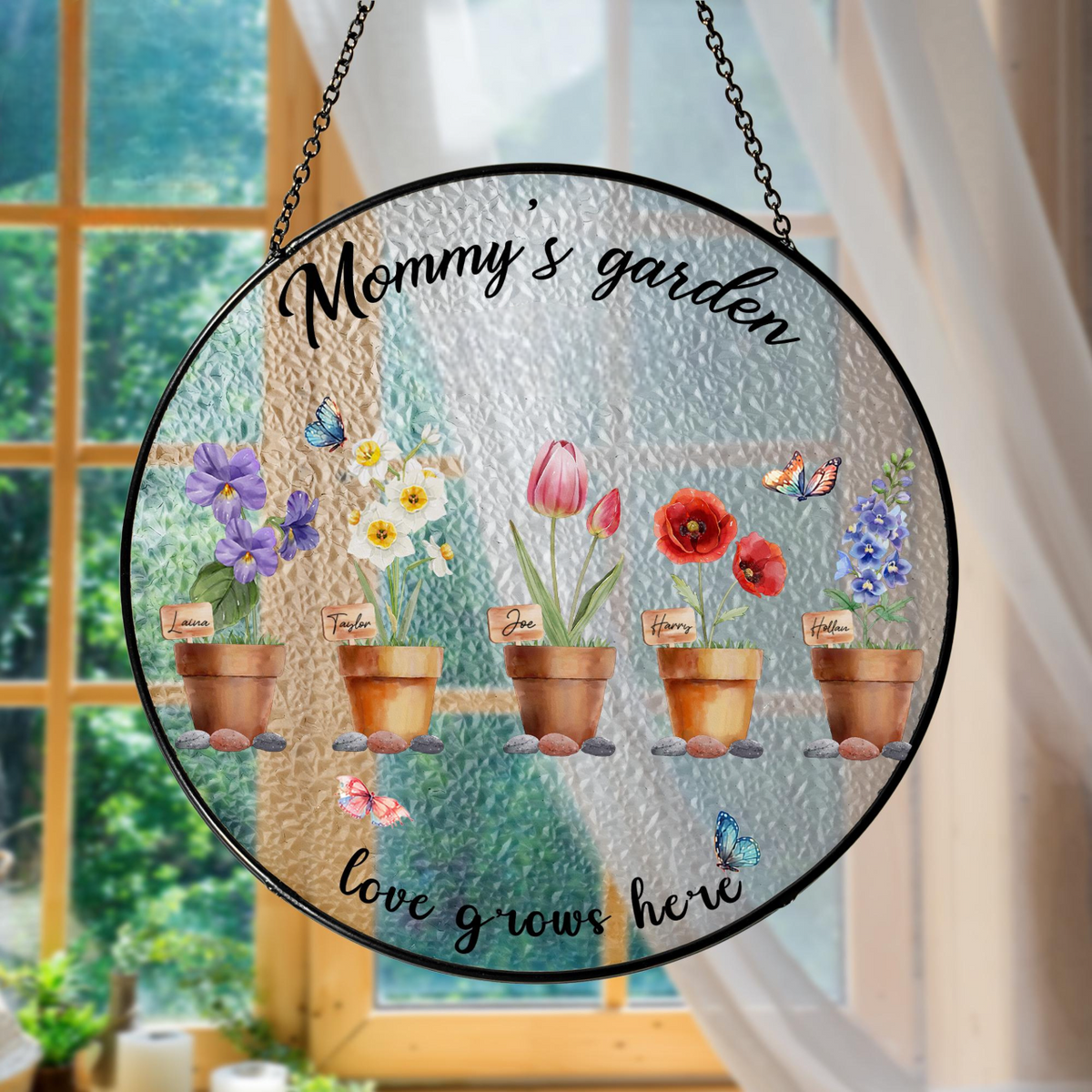 Birth Flowers Stained Glass Suncatcher, Custom Mommy's Garden Gift, Mom Gift, Christmas Gift, Birthday Gift For Mom