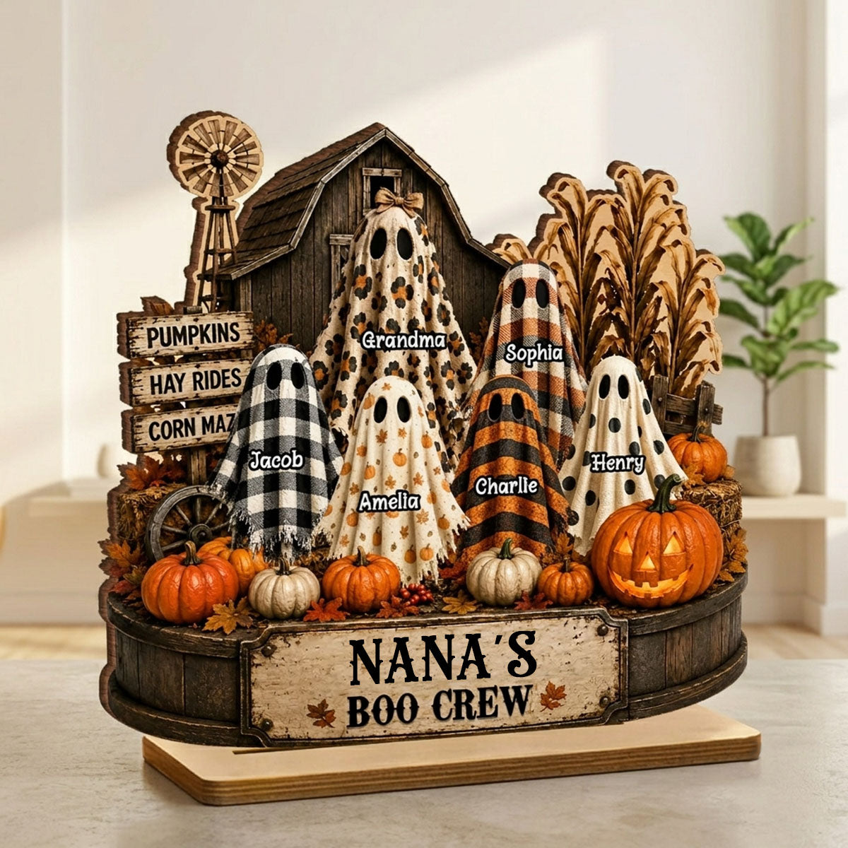 Grandma's Boo Crew Pumpkin Patch - Personalized 2-Layered Wooden Plaque - Halloween Fall Decor for Grandma