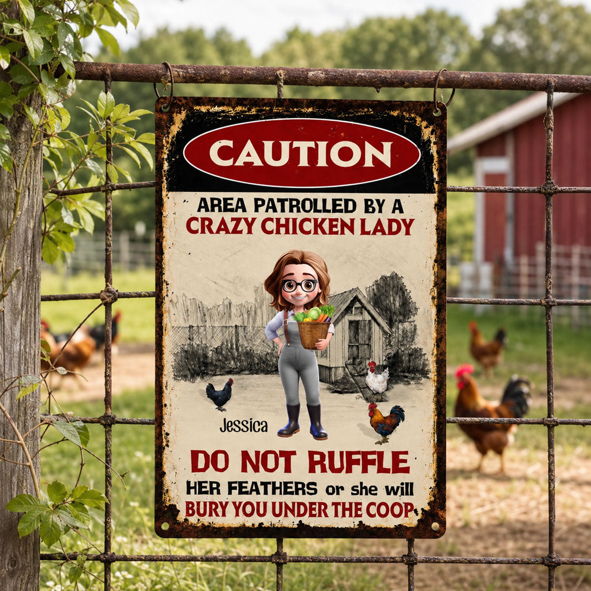 Area Patrolled By A Crazy Chicken Lady, Personalized Metal Sign, Gift For Chicken Lovers