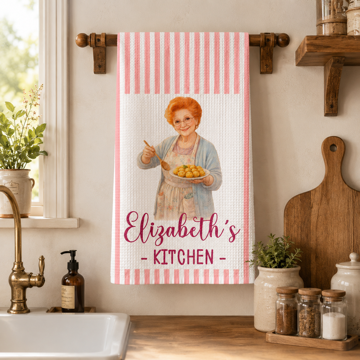Mom Grandma Kitchen Vintage Stripe - Personalized Kitchen Towel