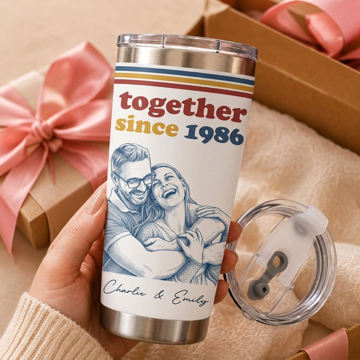Together Since Custom Photo Sketch Line Art - Personalized Tumbler - Anniversary Gift For Him, Her