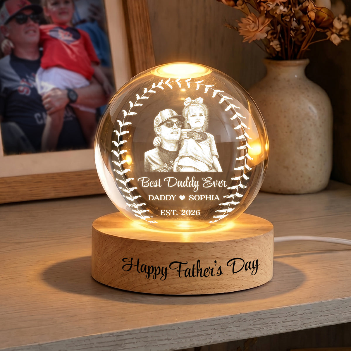 Custom Photo Baseball Dad LED Crystal Ball Lamp, Personalized Best Baseball Dad Ever Gift, Father s Day Coach Gift