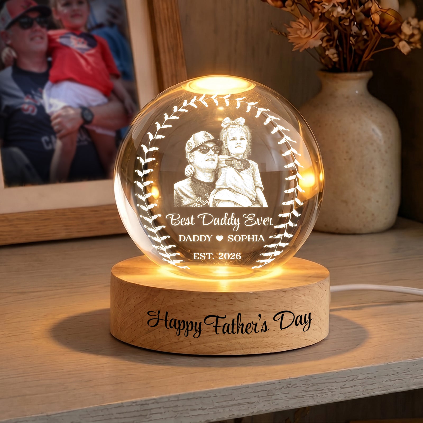 Custom Photo Baseball Dad LED Crystal Ball Lamp, Personalized Best Baseball Dad Ever Gift, Father s Day Coach Gift