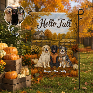 Vintage Dog Cat Hello Fall Photo Upload - Personalized Garden Flag - Fall Season Gift For Dog Mom, Cat Mom