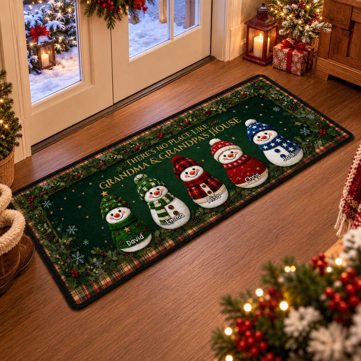 Cozy Snowman Family Runner Rug, Personalized Holiday Kitchen Mat, Home Xmas Gift
