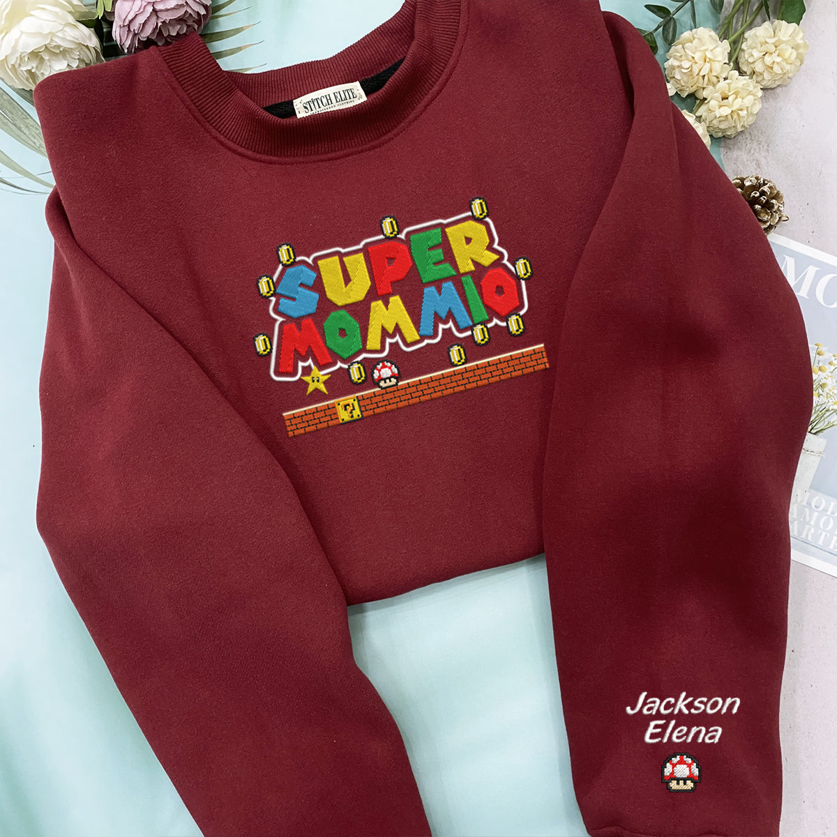 Super Mommio With Kids Name Embroidered Shirt