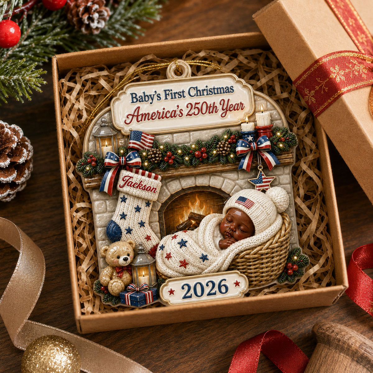 Tiny Star Personalized America 250th Anniversary New Born Ornament - Real 3D Raised Ornament