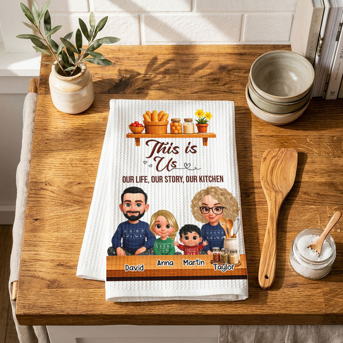 Our Life Our Story Our Kitchen - Personalized Name Waffle Weave Kitchen Towel, Housewarming Gift