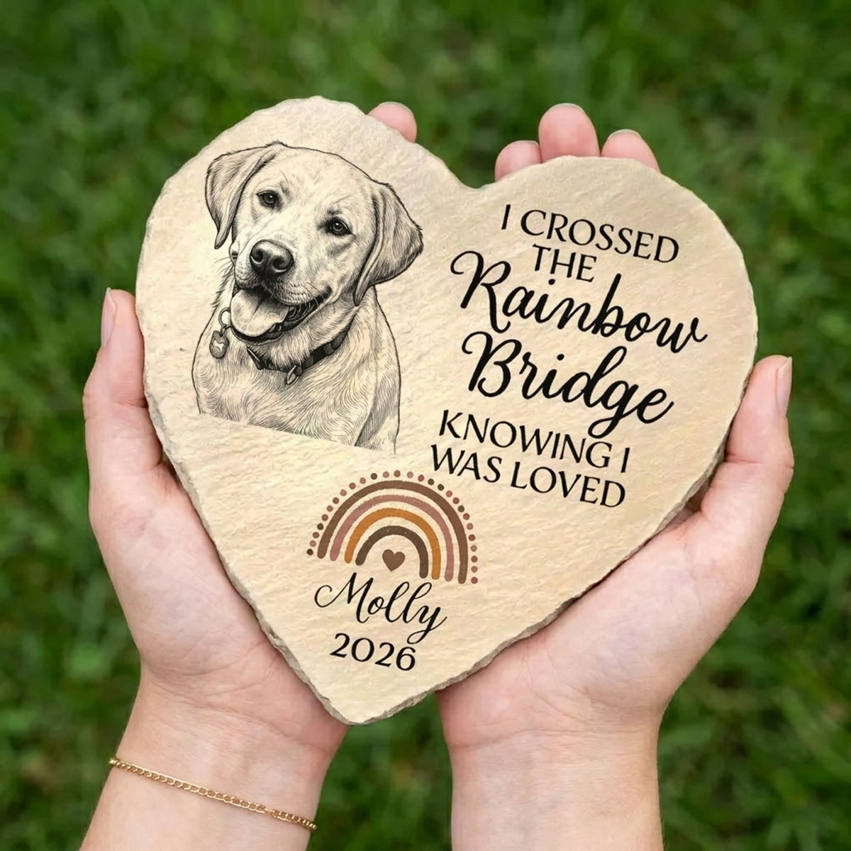 Custom Photo Pencil Sketch I Crossed The Rainbow Bridge Knowing I Was Loved - Personalized Heart Memorial Garden Stone