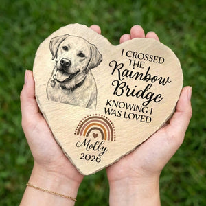 Custom Photo Pencil Sketch I Crossed The Rainbow Bridge Knowing I Was Loved - Personalized Heart Memorial Garden Stone