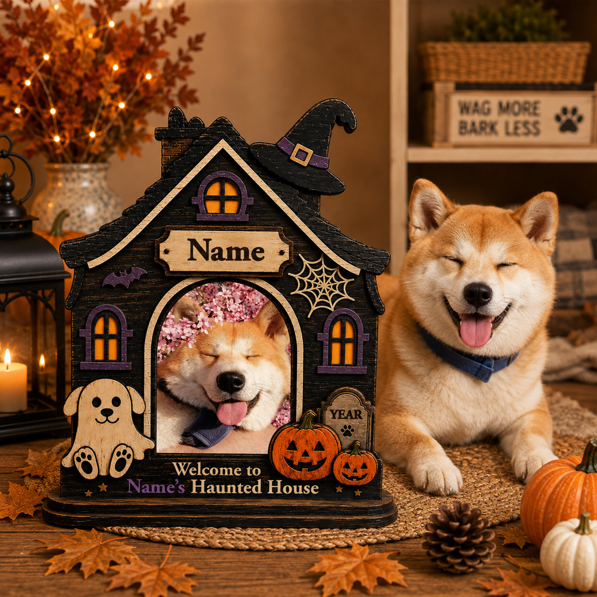 Personalized Spooky Pet House Plaque, Custom Dog Portrait Halloween Decoration, Unique Gift for Dog Moms & Dog Dads