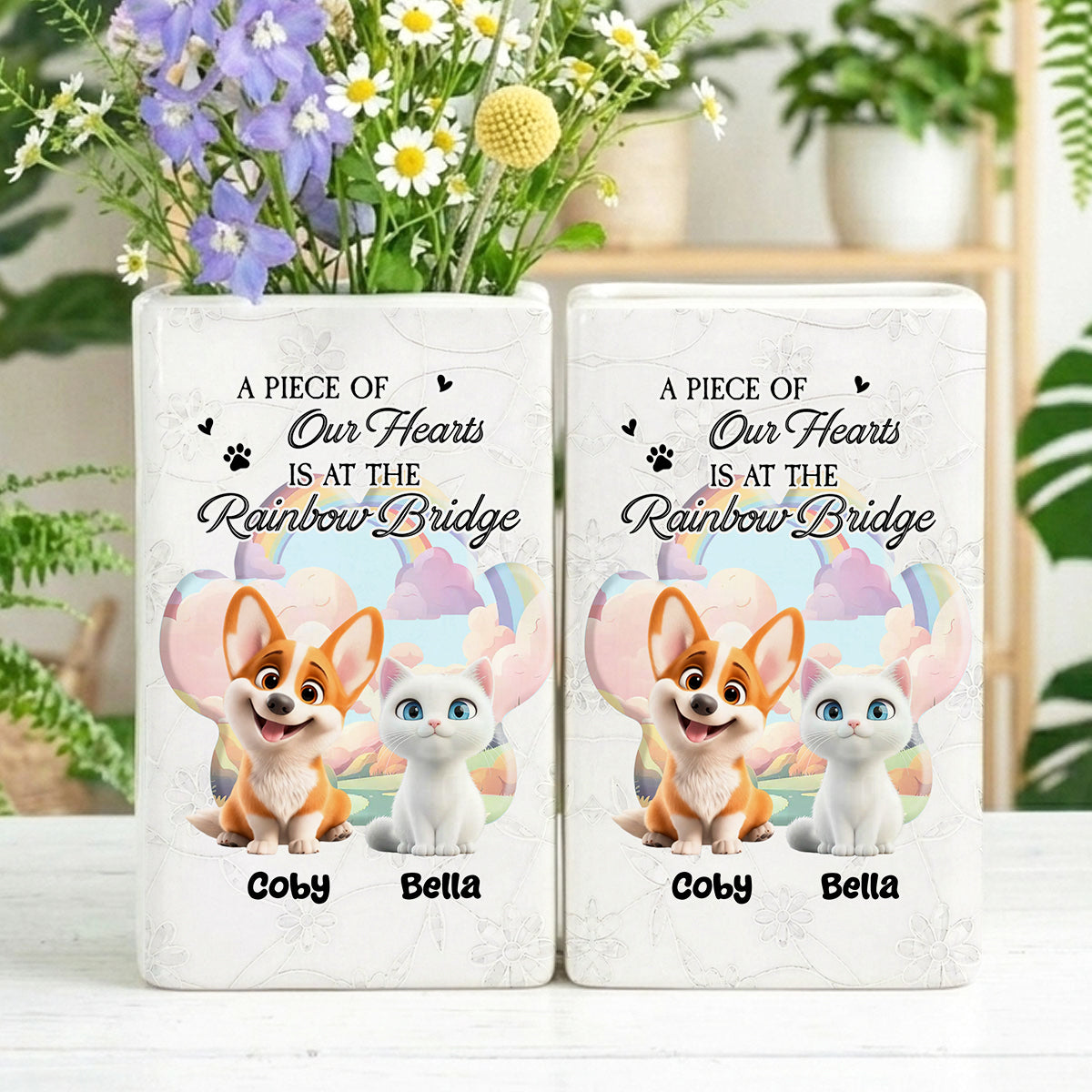 A Piece Of My Heart Is At The Rainbow Bridge - Personalized Ceramic Book Vase