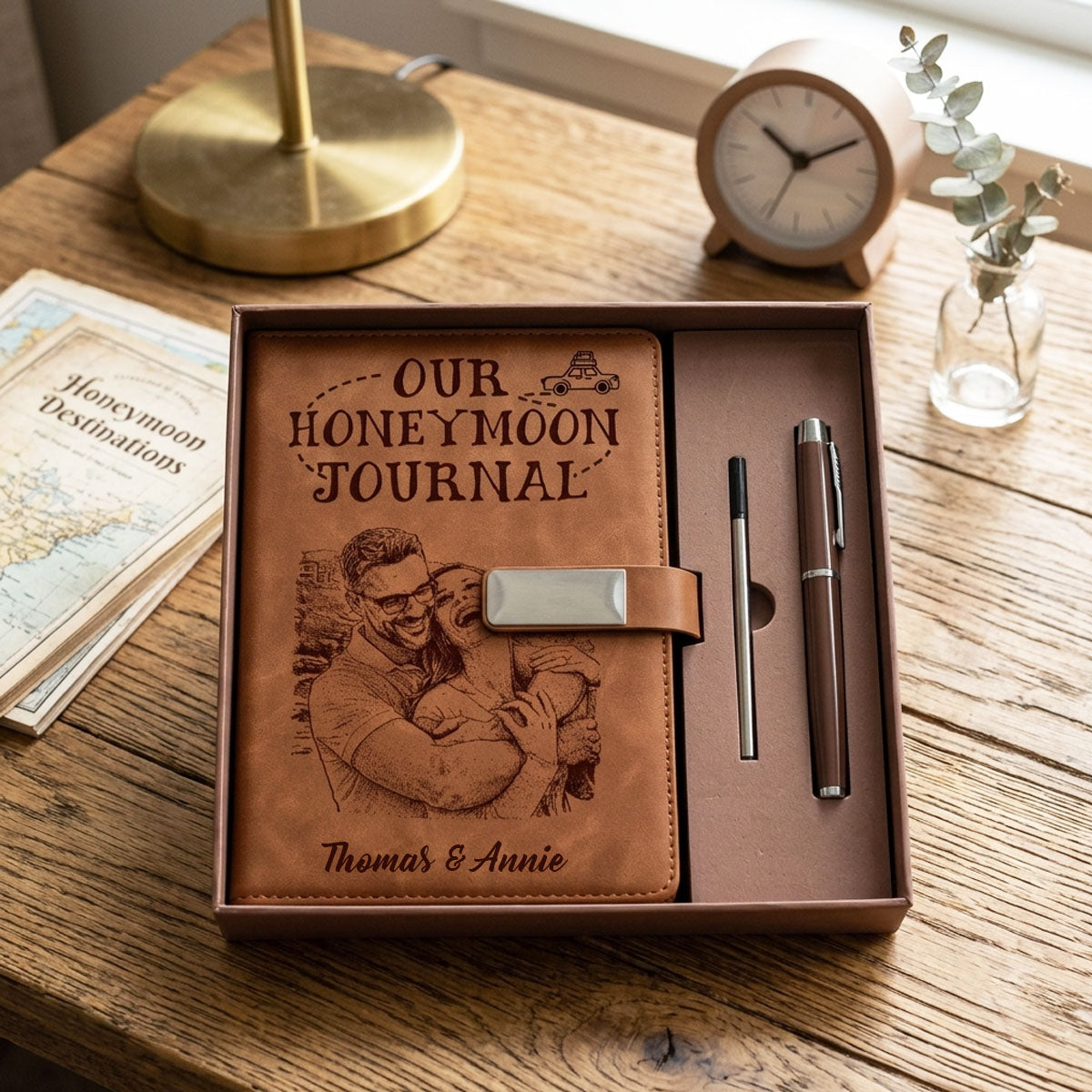 Custom Photo Bold Sketch All My Travel Crap Woman Man Portrait - Personalized Leather Notebook Pen Set