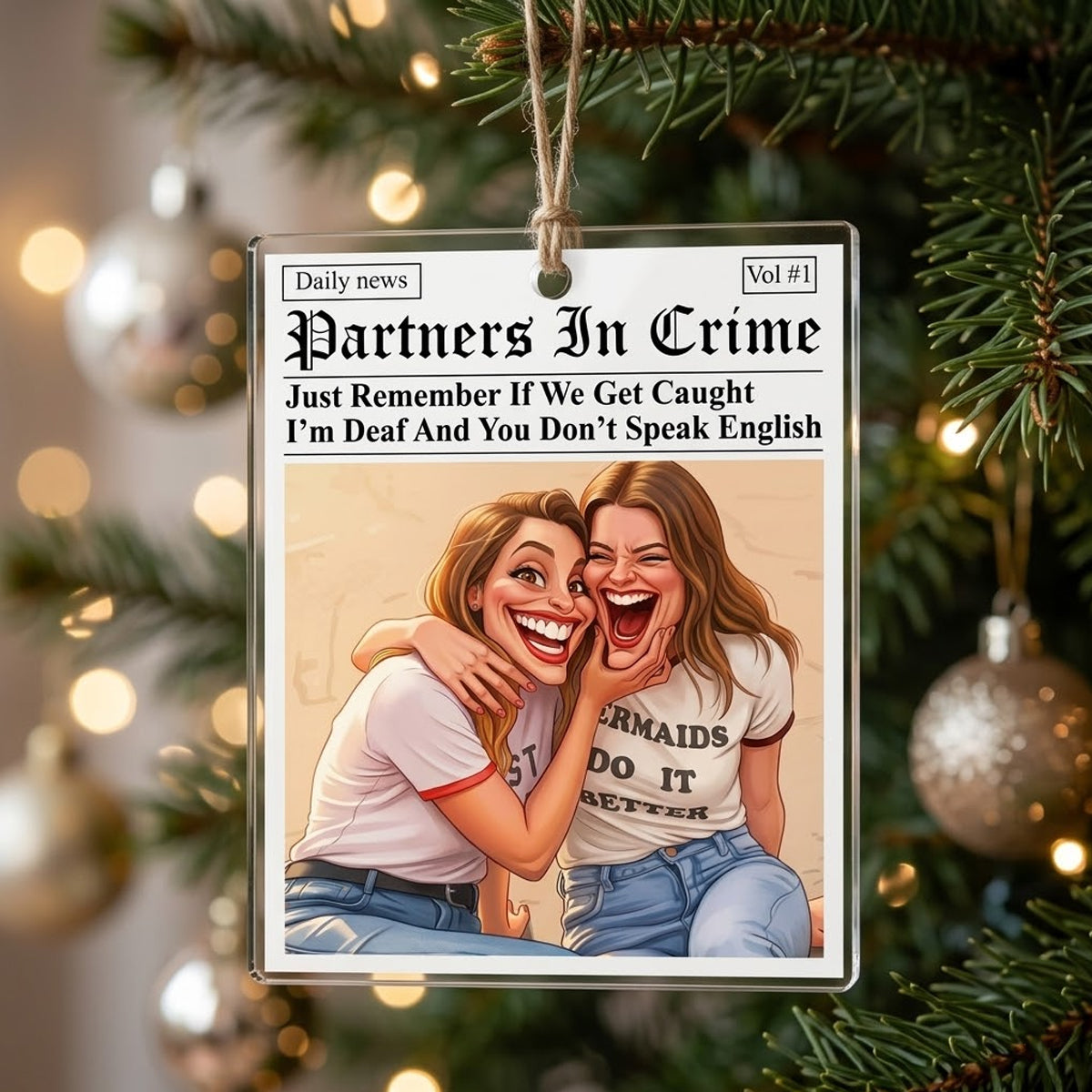 Partners In Crime - Daily News - Friendship Funny Gifts - Personalized Caricature Photo Ornament