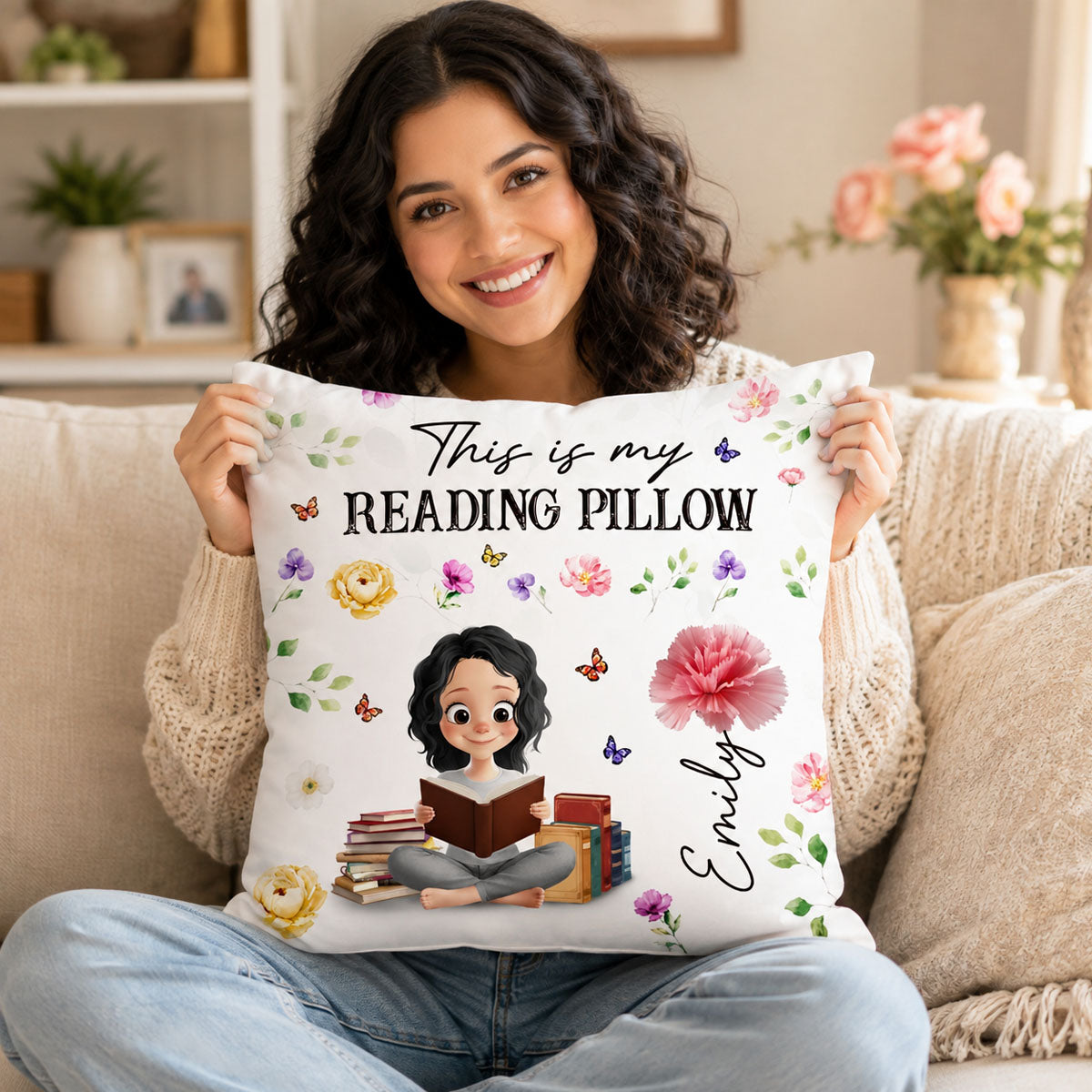 Custom Flower Pillow - Personalized Bookish Gifts For Book Lovers, Bookworms, Readers - Reading Is My Therapy