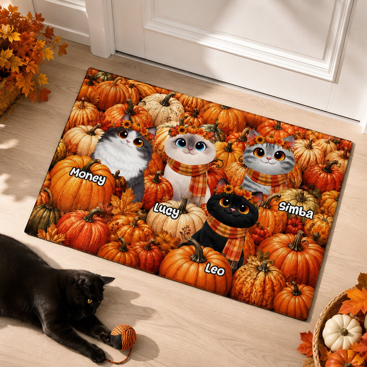 Fall Season Cute Cats In Pumpkin Patch - Personalized Doormat - Fall Decor For Cat Lovers