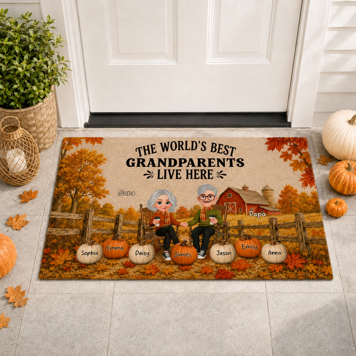 Fall Season Cozy Warm Farmhouse Style - Personalized Doormat - Fall Decor For Grandparents
