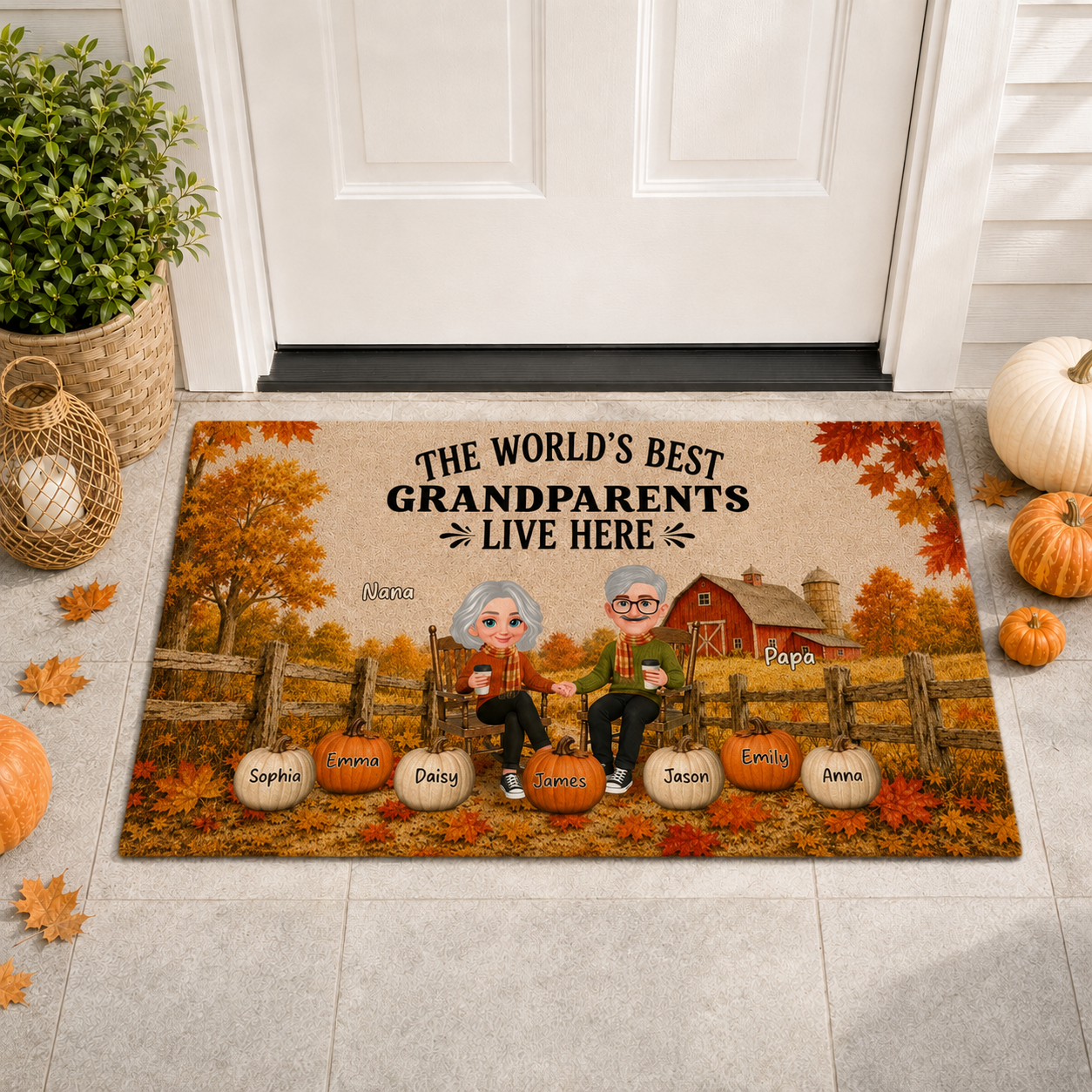 Fall Season Cozy Warm Farmhouse Style - Personalized Doormat - Fall Decor For Grandparents