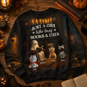 Just a Girl Who Loves Books and Cats Halloween Personalized Sweatshirt, Cozy Fall Sweatshirt for Cat Moms