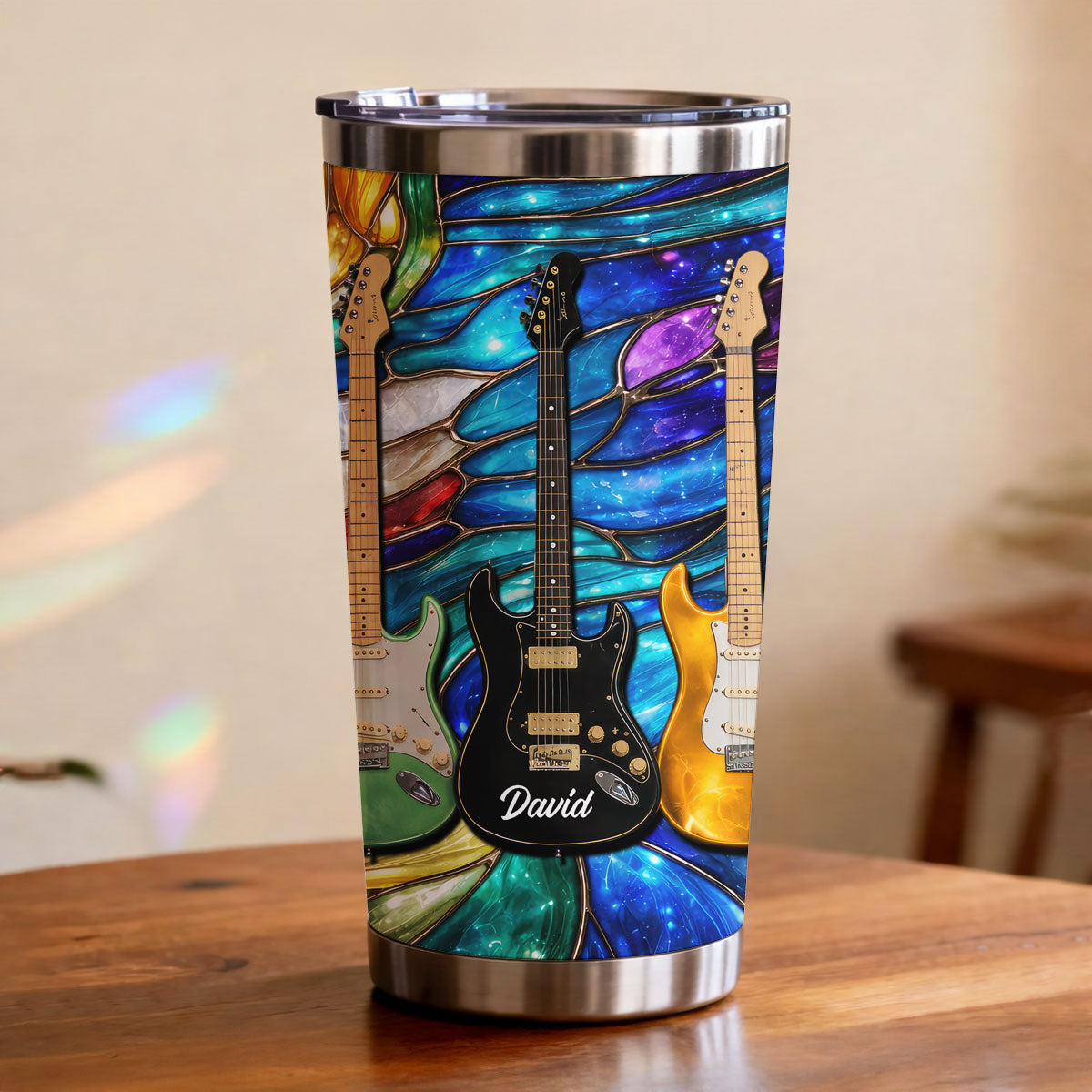 Personalized Guitar Tumbler, Custom Name Music Lover Gift, Stained Glass Guitar Art Cup, Gift for Guitar Player