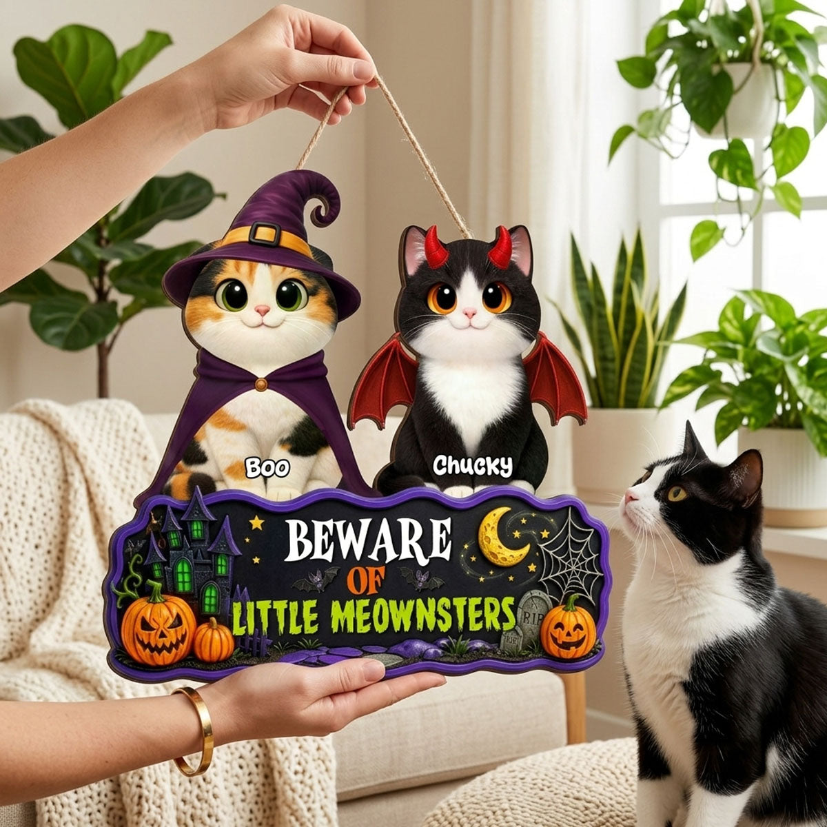Spooky Halloween Beware of Little Cats Meownsters - Personalized Wood Sign - Halloween Gift For Cat Lovers, Halloween Decor
