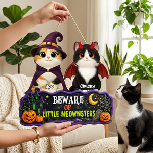 Spooky Halloween Beware of Little Cats Meownsters - Personalized Wood Sign - Halloween Gift For Cat Lovers, Halloween Decor
