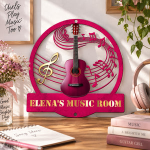 Guitar Music Room, Custom Name & Guitar Type - Personalized Cut Metal Sign