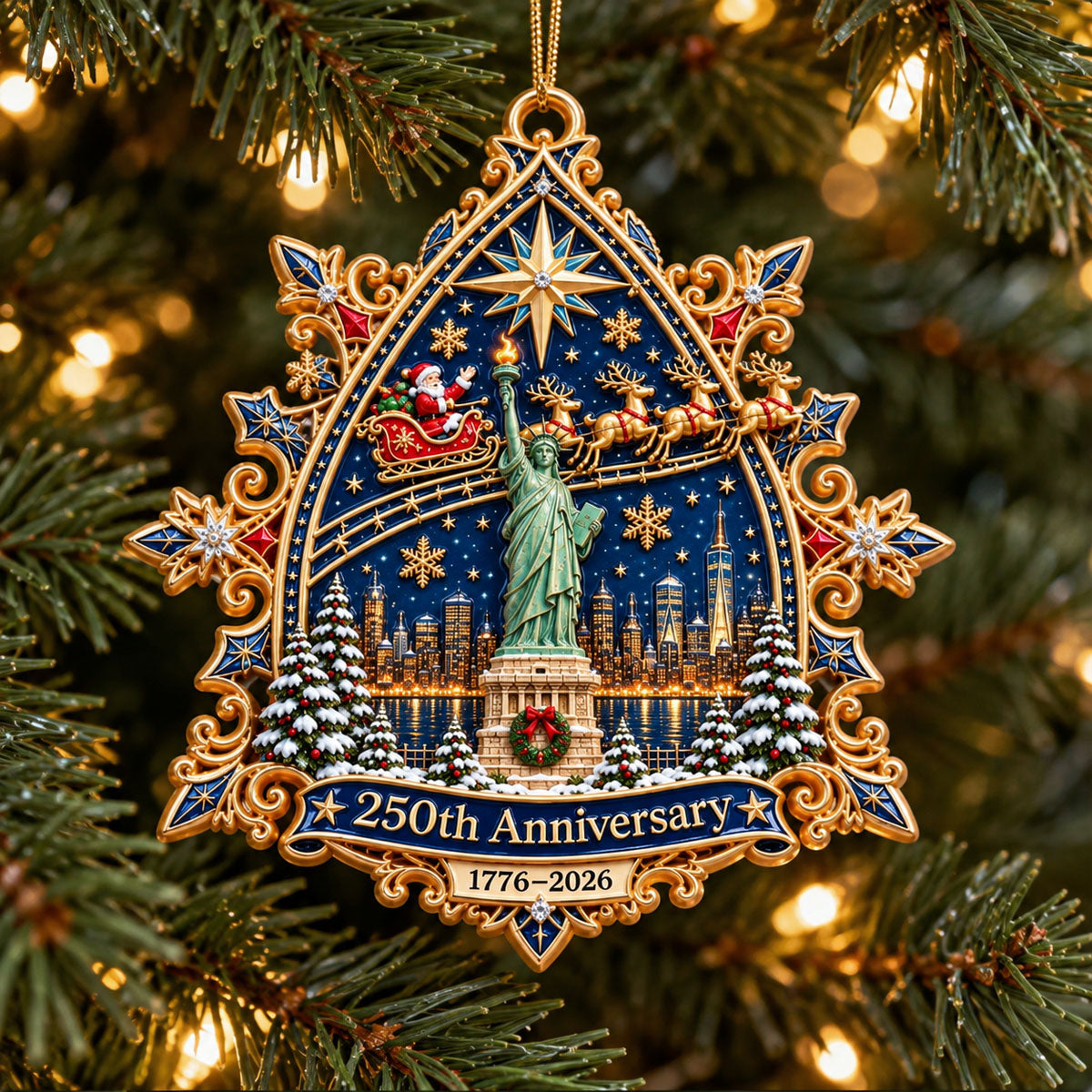 250Th Anniversary Santa Flying Over - Realistic 3D Ornament