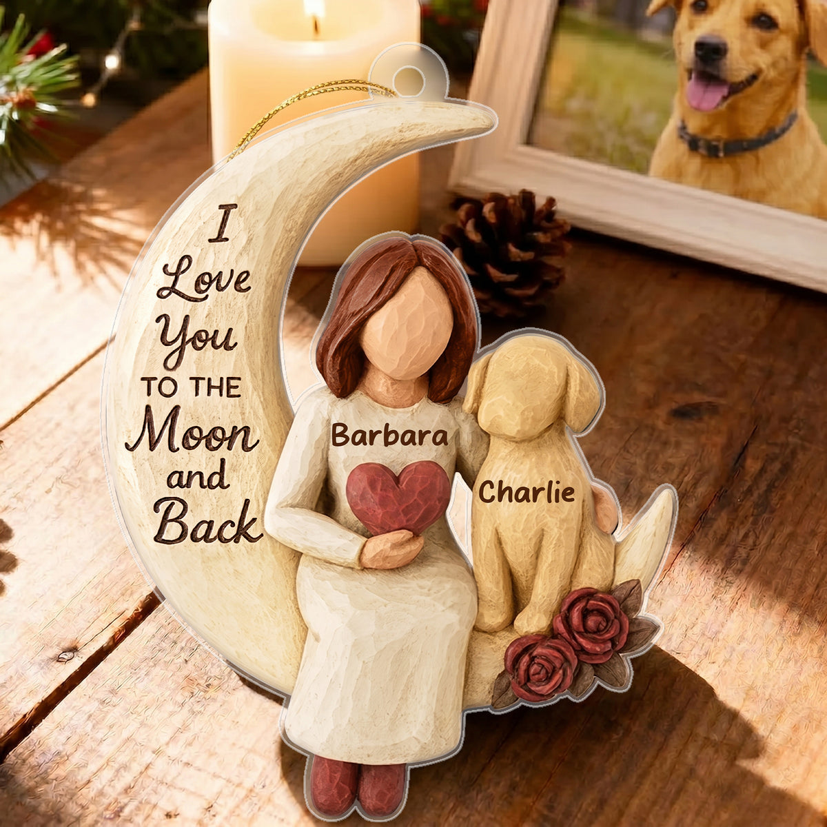 Woman and Dog Love to the Moon - Personalized Acrylic Ornament - Heartfelt Christmas Gift for Dog Mom, Pet Memorial Keepsake