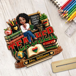Teach Love Changes Life - Personalized Wooden Plaque - African American Teacher Appreciation Gift