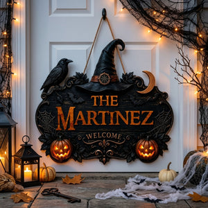 Halloween Witch Welcome Personalized Door Sign – Custom Family Name Porch Decor
